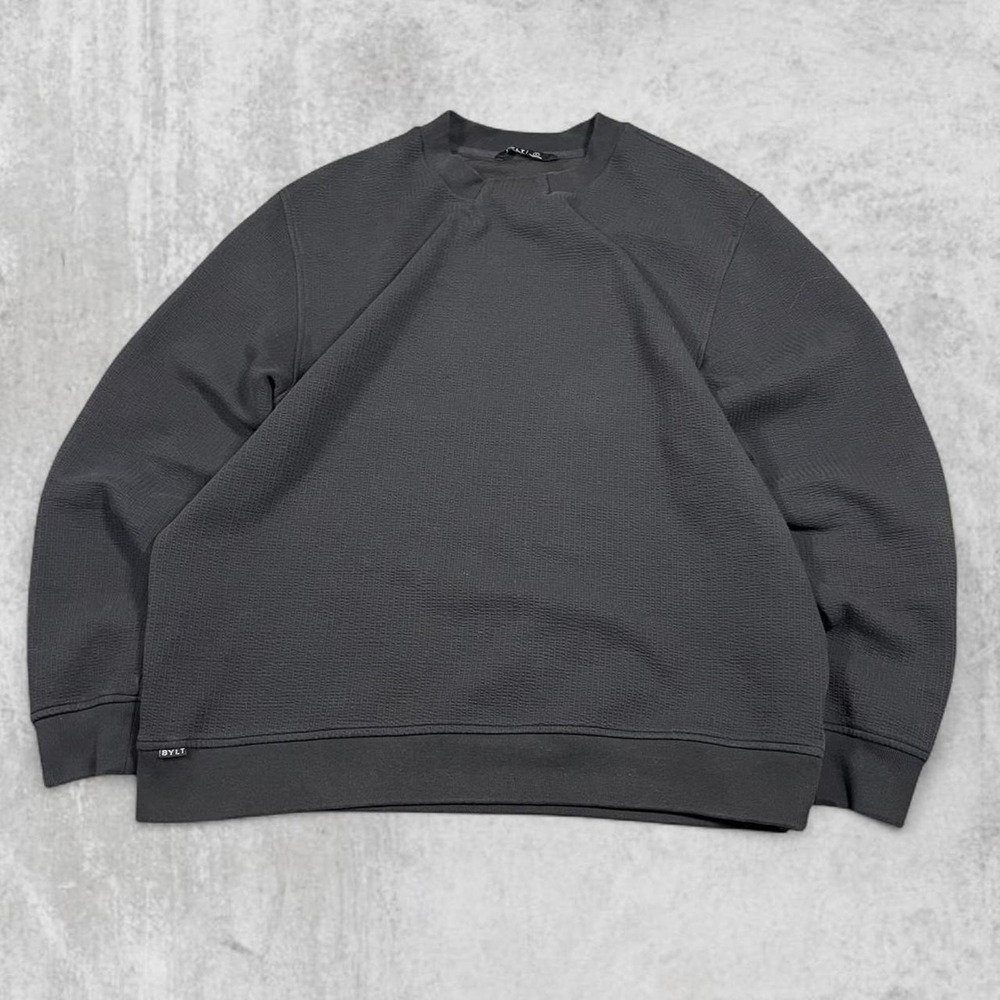 BYLT Premium Basics Mens Large Waffle Knit Crewneck Sweatshirt Charcoal Grey